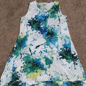 White with blue/green/yellow splotches dress